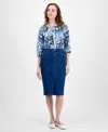 Jones New York Womens Printed 3 4 Sleeve Top Denim Pencil Skirt In Shore Wash