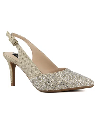 Jones New York Bernie Womens Rhinestone Pointed Toe Slingback Heels In Gold With Stones