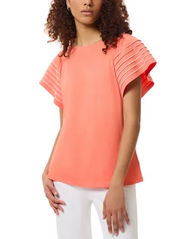 Jones New York T-shirt Women Orange Flutter Sleeve Boat Neck Pullover Fts1182