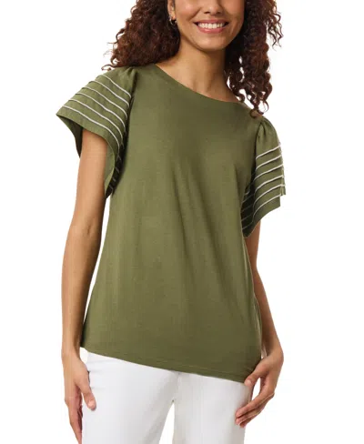 Jones New York Purl Stitch Flutter Sleeve Cotton Blend Knit Top In Jasper Green