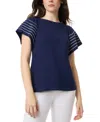 Jones New York Purl Stitch Flutter Sleeve Cotton Blend Knit Top In Pacific Navy