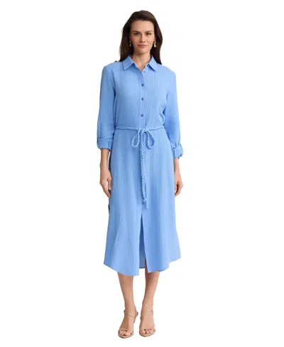 Jones New York Braided Belt Long Sleeve Cotton Gauze Midi Shirtdress In Blue