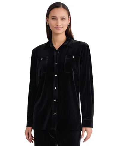 Jones New York Women's Button Down Side Slit Long-sleeve Velvet Tunic In Black