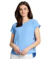 Jones New York Petite Round-neck Side-button Short-sleeve Top In Blue