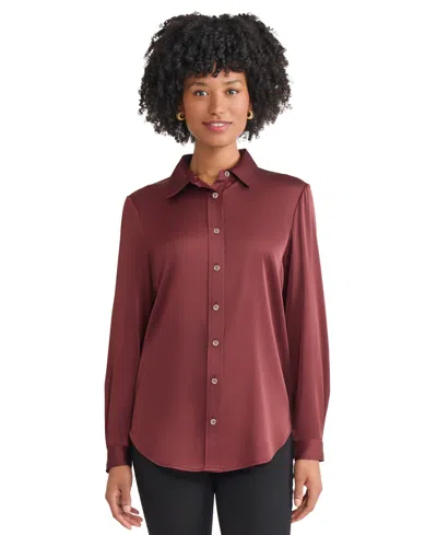 Jones New York Women's Collared Long Sleeve Top In Burgundy
