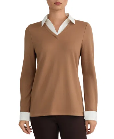 Jones New York Women's Collared Long-sleeve Poplin Combo Trim Sweater In Brown