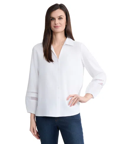 Jones New York Openwork Trim Button-up Shirt In White