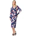 Jones New York Floral Long Sleeve Collared Faux Wrap Midi Dress In Pacific Navy