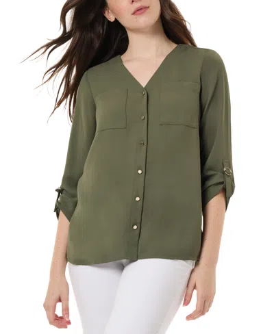 Jones New York Women's Collarless Rolltab-sleeve Tunic In Jasper Green