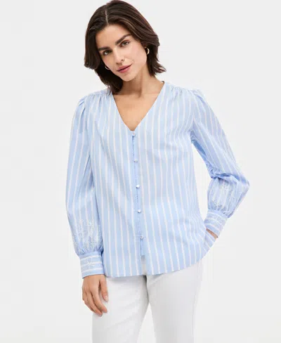 Jones New York Women's Cotton Embroidered-sleeve Blouse In Blue
