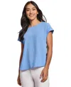 Jones New York Petite Round-neck Side-button Short-sleeve Top In Blue