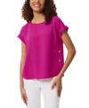 Jones New York Petite Round-neck Side-button Short-sleeve Top In Bright Orc