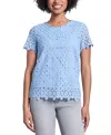 Jones New York Petite Short-sleeve Lace Top In Chintz Blue