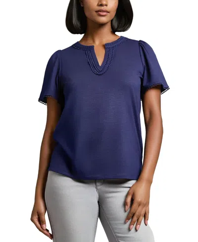 Jones New York Women's Drapey Split-neck Short-sleeve Top In Blue