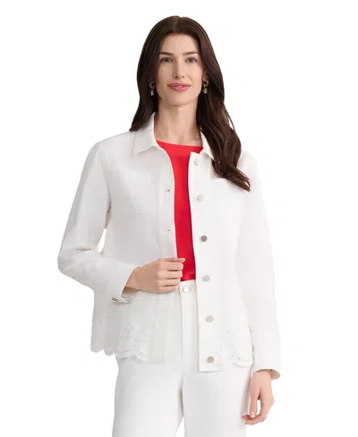 Jones New York Women's Embroidered Collared Shirt Jacket In White