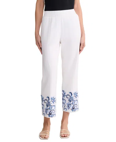 Jones New York Embroidered Hem Crop Linen Blend Pants In White