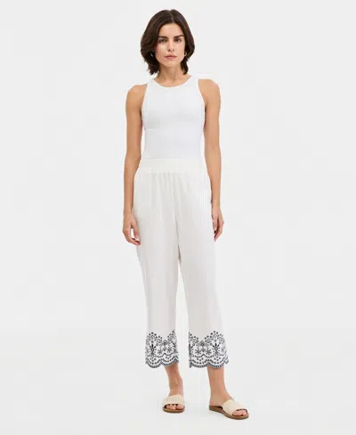Jones New York Women's Embroidered Cropped Linen-blend Pull-on Pants