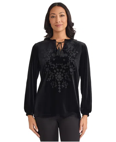 Jones New York Embroidered Split Neck Top In Black
