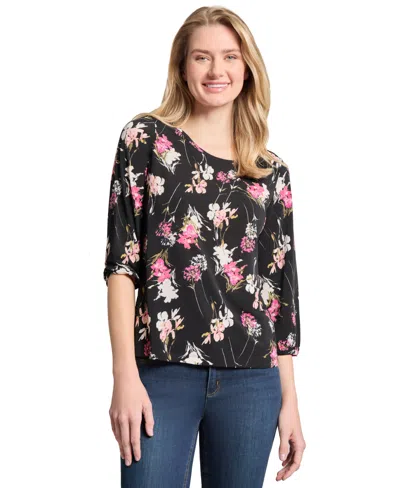 Jones New York Women's Floral Print 3/4-sleeve Top In Jones Black