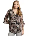 Jones New York Floral V-neck Flutter Sleeve Top In Black