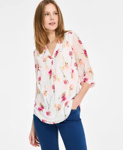 Jones New York Women's Floral-print Chiffon Clip-dot Top In Jones White Multi