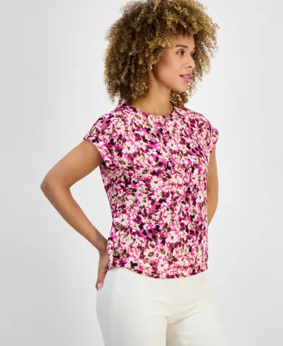 Jones New York Women's Floral-print Short-sleeve Top In Purple