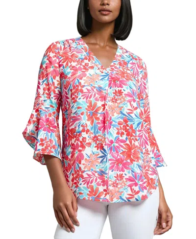 Jones New York Women's Floral-print V-neck Flutter-sleeve Blouse