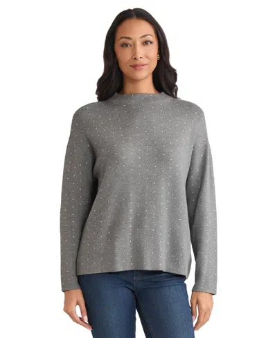 Jones New York Rhinestone Mock Neck Sweater In Gray