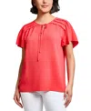 Jones New York Pleated Shoulder Tie Neck Top In Red