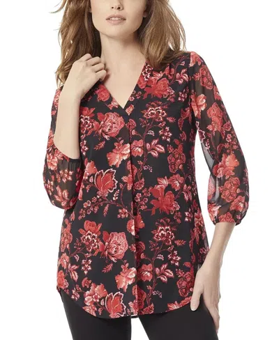 Jones New York Women's  Kelly Top Jones Black Floral V-neck Blouse Fts1124 In Multi