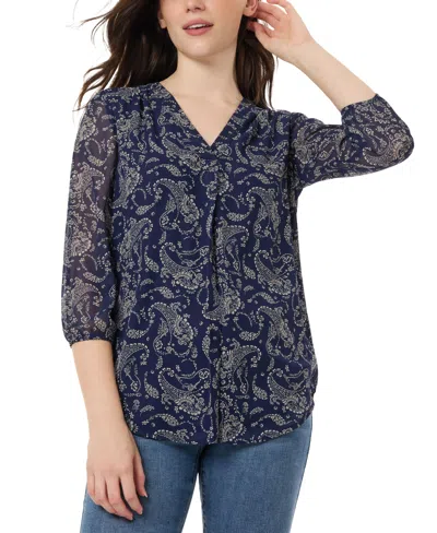 Jones New York Women's Kelly Printed Sheer-sleeve Pleated Blouse In Pacific Navy