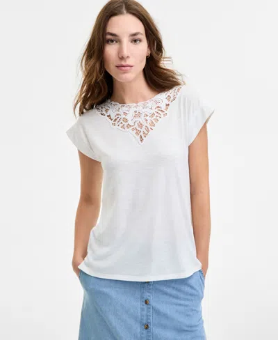 Jones New York Women's Lace-inset Dolman Short-sleeve Top In White