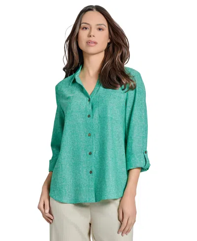 Jones New York Women's Linen-blend Roll-tab Shirt In Kelly,nyc White