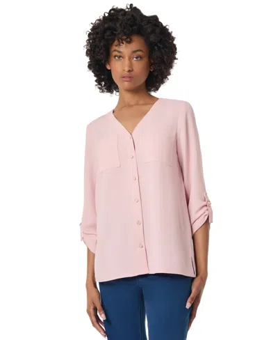 Jones New York Women's Long Sleeve Collarless Tunic With D-rings Top In Rose
