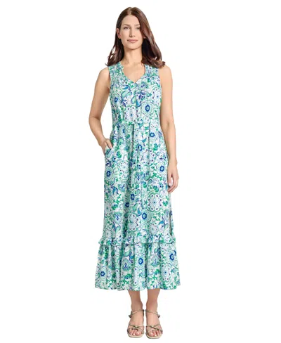 Jones New York Women's Paisley-print Linen-blend Maxi Dress In Aqua Wave