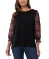 Jones New York Womens Plaid Viscose Pullover Top In Jones Black