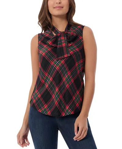 Jones New York Petite Plaid-print Bow-tie Sleeveless Top In Deep Rouge