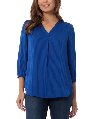 Jones New York Petite Striped Blouson-sleeve V-neck Blouse In Sapphire
