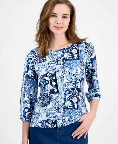 Jones New York Women's Printed 3/4-sleeve Top In Nyc White Multi