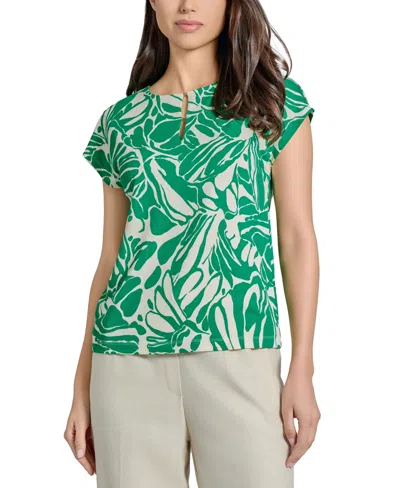 Jones New York Abstract Print Keyhole Crepe Top In Kelly,jones White