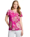 Jones New York Petite Paisley-print Keyhole Flutter-sleeve Top In Pink
