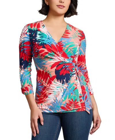 JONES NEW YORK WOMEN'S PRINTED FAUX-WRAP TIE-WAIST TOP