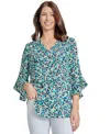 Jones New York Printed Flutter Sleeve Pleat V-neck Top In Jones White Multi