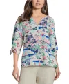 Jones New York Beach Print Tie Sleeve Linen Blend Top In Blue