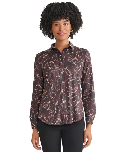 Jones New York Women's Printed Long Sleeve Button Front Top In Brown