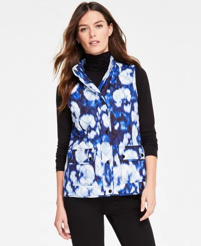 Jones New York Women's Printed Quilted Patch-pocket Vest In Blue Horizon Multi