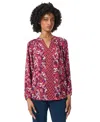 Jones New York Petite Mixed-print V-neck Long-sleeve Top In Bordeaux Multi