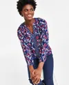 Jones New York Petite Mixed-print V-neck Long-sleeve Top In Pacific Navy