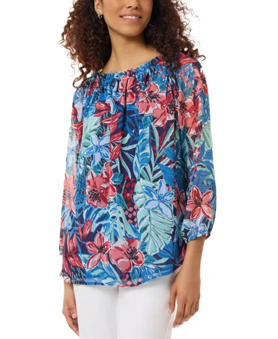 Jones New York Petite Smocked-neck Floral-print Top In Pacific Navy