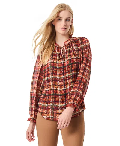 Jones New York Women's Printed Tie-neck Ruffled-neck Peasant Blouse In Bordeaux Mutli